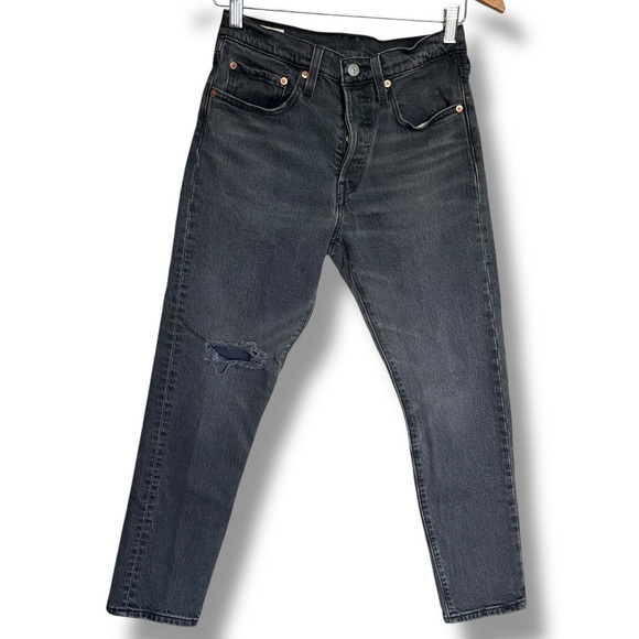 Levi’s Premium 501 Skinny High Rise Button Fly Ripped Washed Black Women Size 27 - Picture 4 of 16